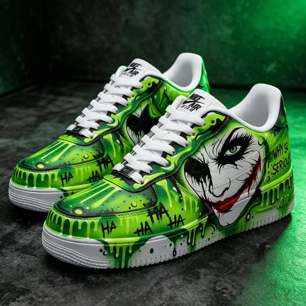 Custom Green Air Force 1,Joker Theme Hand Painted Streetwear Kicks, Green Graffiti Art Urban Footwear For Him Her