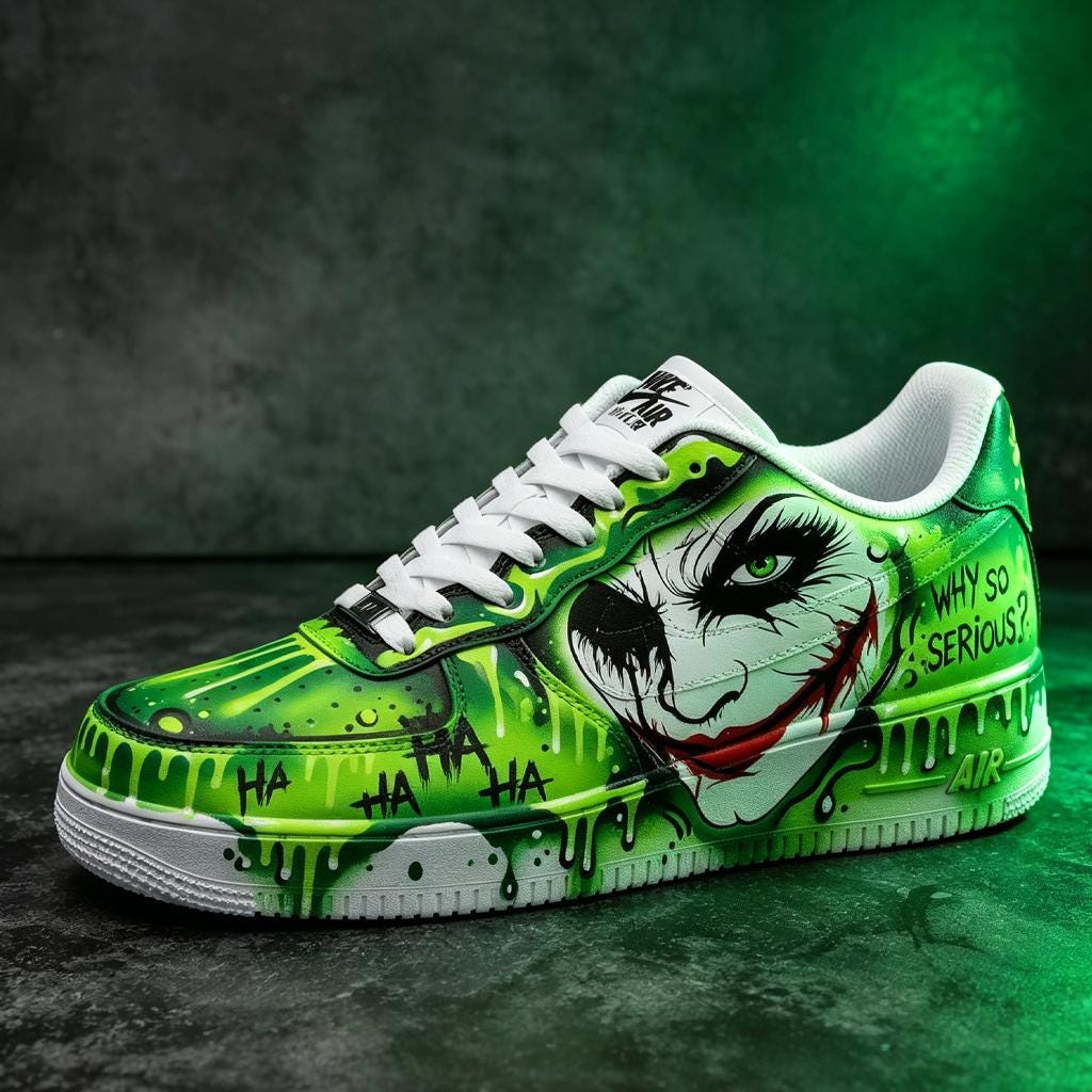 Custom Green Air Force 1,Joker Theme Hand Painted Streetwear Kicks, Green Graffiti Art Urban Footwear For Him Her