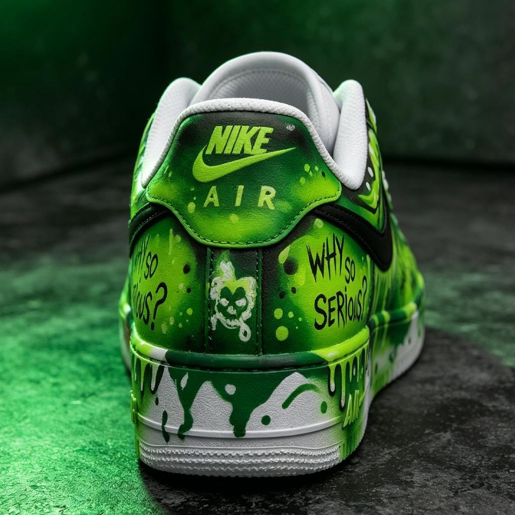 Custom Green Air Force 1,Joker Theme Hand Painted Streetwear Kicks, Green Graffiti Art Urban Footwear For Him Her