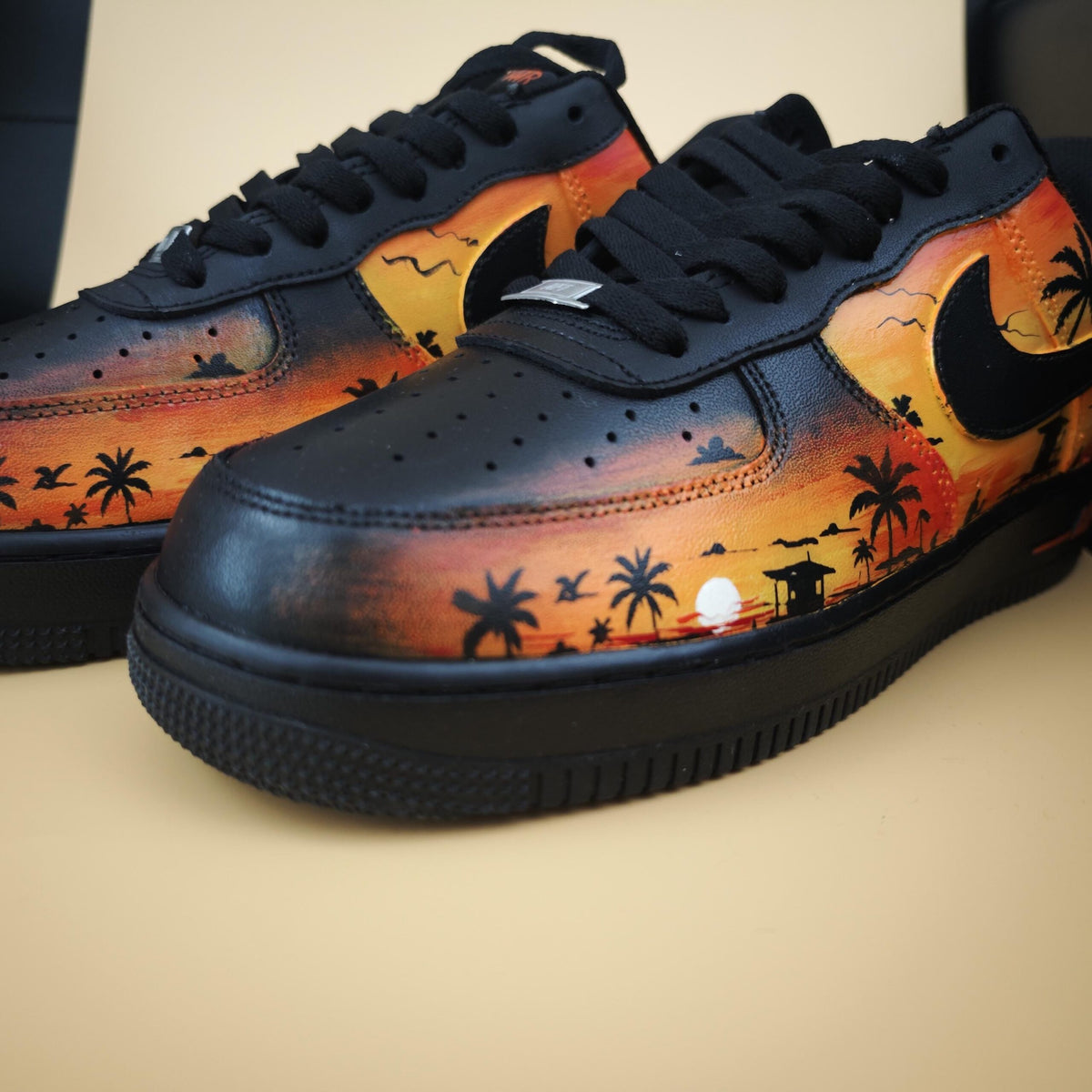 Custom Air Force 1 Sunset Beach Sneakers, Hand Painted Tropical Palm Tree Shoes, Yellow&Black Romantic Style Shoes for Him
