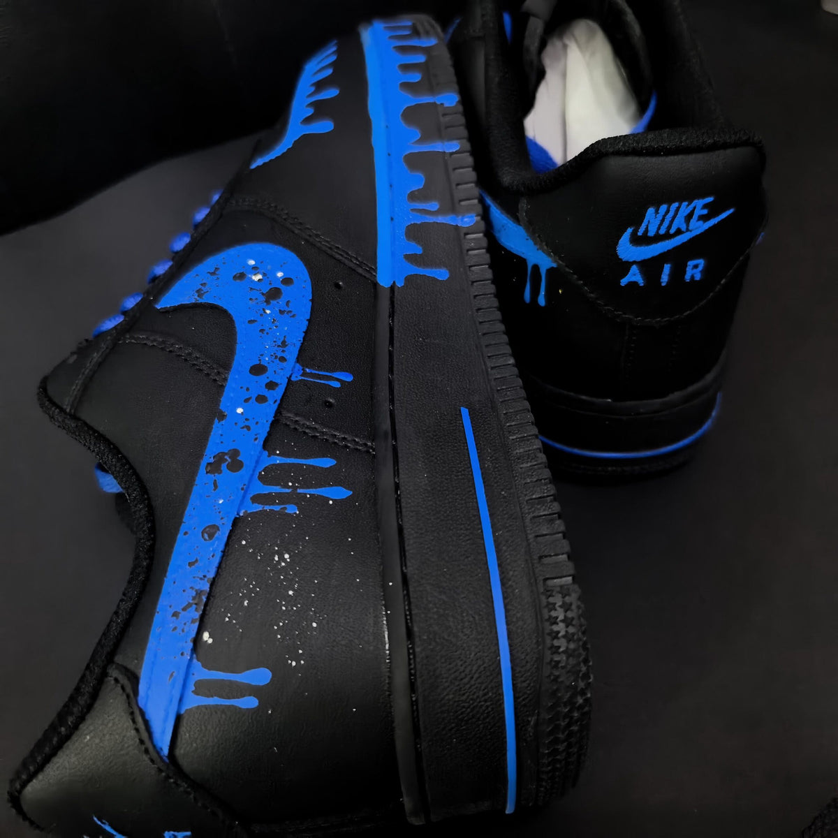 Black&Blue Drip Shoes,Splash Drip Shoes Streetwear,Stacked Liquid Drip AF1 with Rope Laces