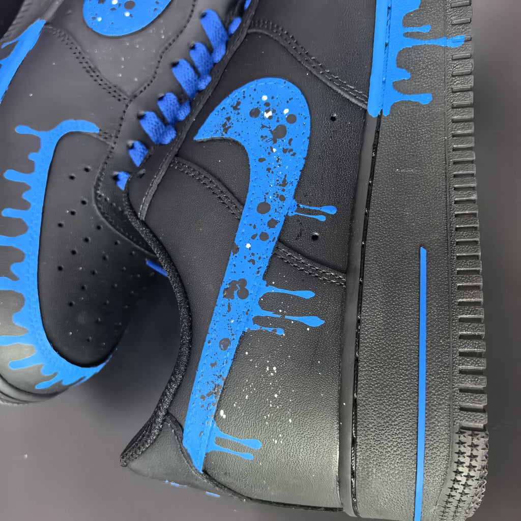 Black&Blue Drip Shoes,Splash Drip Shoes Streetwear,Stacked Liquid Drip AF1 with Rope Laces