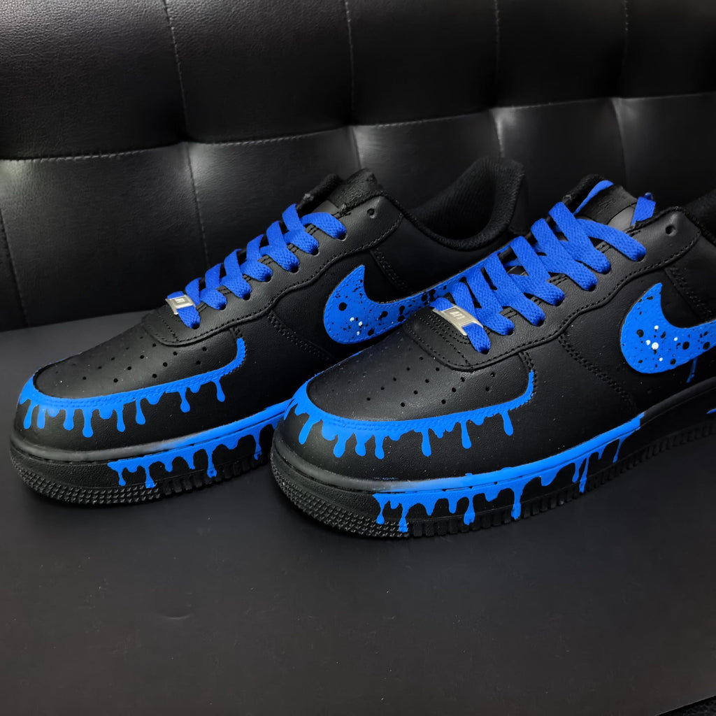 Black&Blue Drip Shoes,Splash Drip Shoes Streetwear,Stacked Liquid Drip AF1 with Rope Laces