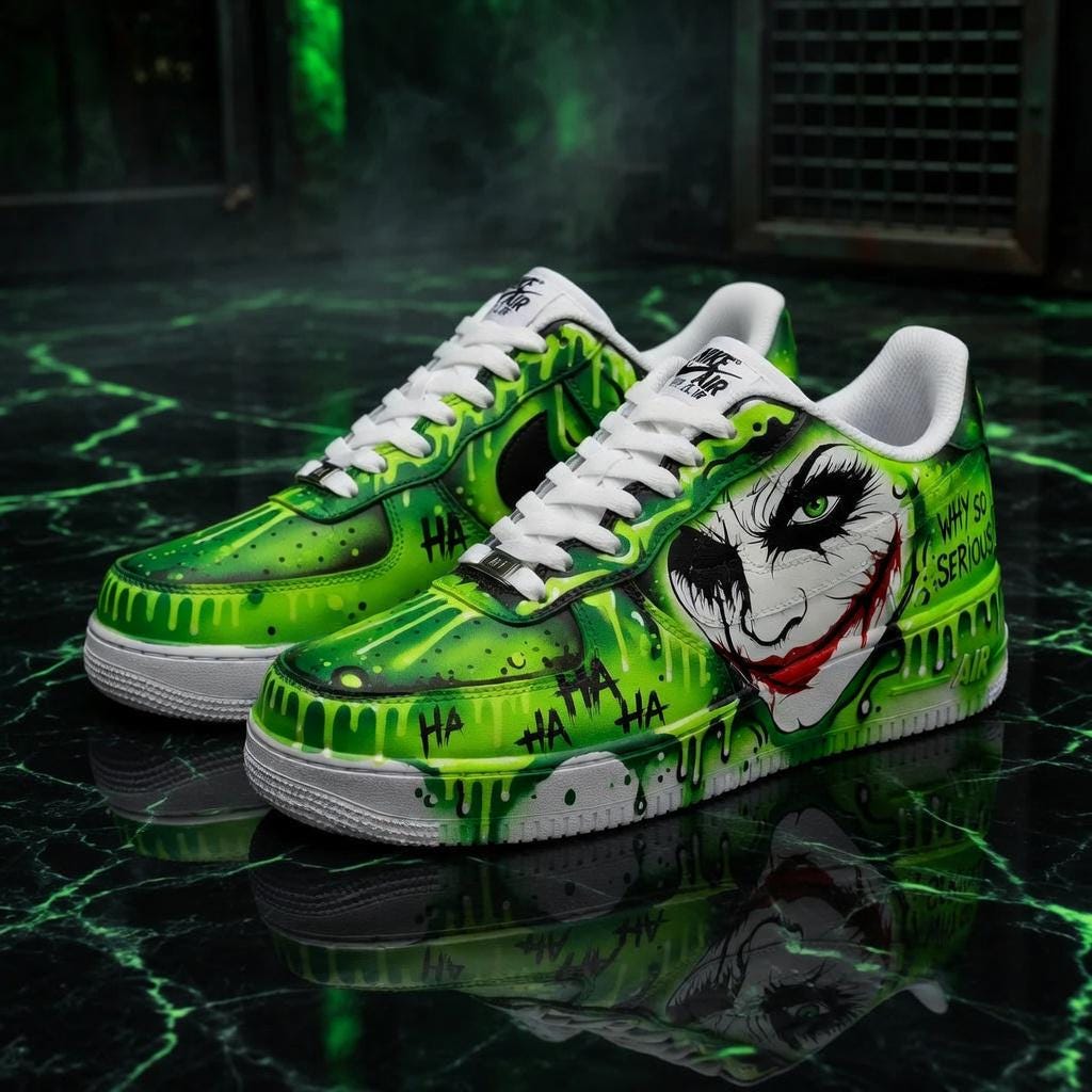 Custom Green Air Force 1,Joker Theme Hand Painted Streetwear Kicks, Green Graffiti Art Urban Footwear For Him Her