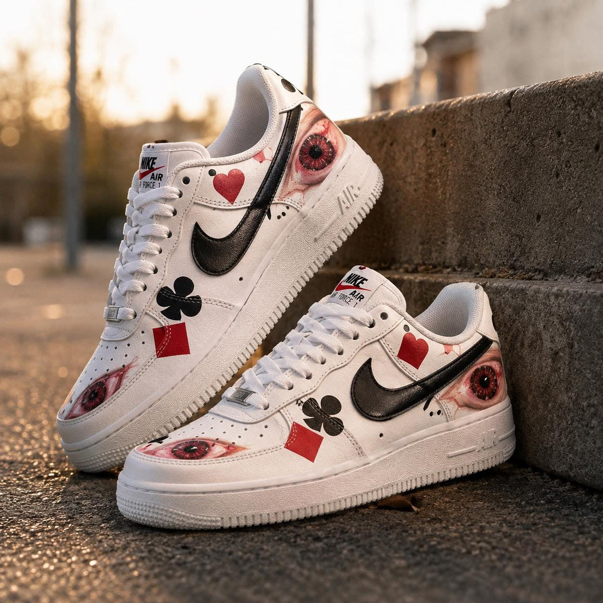 Custom AF1 Surreal Playing Cards Sneakers – Handcrafted Red And Black Suit Kicks – Unique Birthday And Holiday Gift Idea