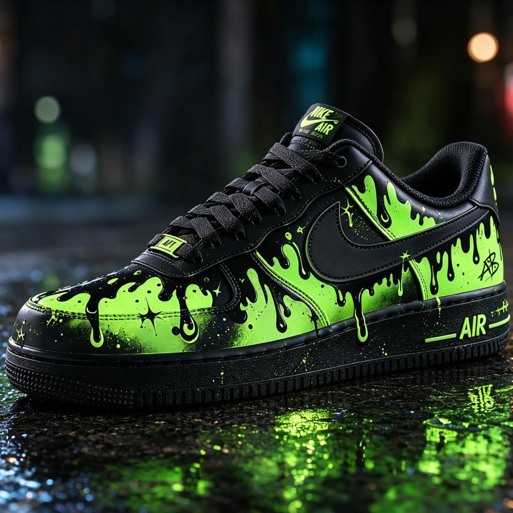 Custom Air Force 1 Sneakers,Hand Painted Neon Green&Black Graffiti Shoes,Drip Style Streetwear Sneakers,Unique Gift For Him