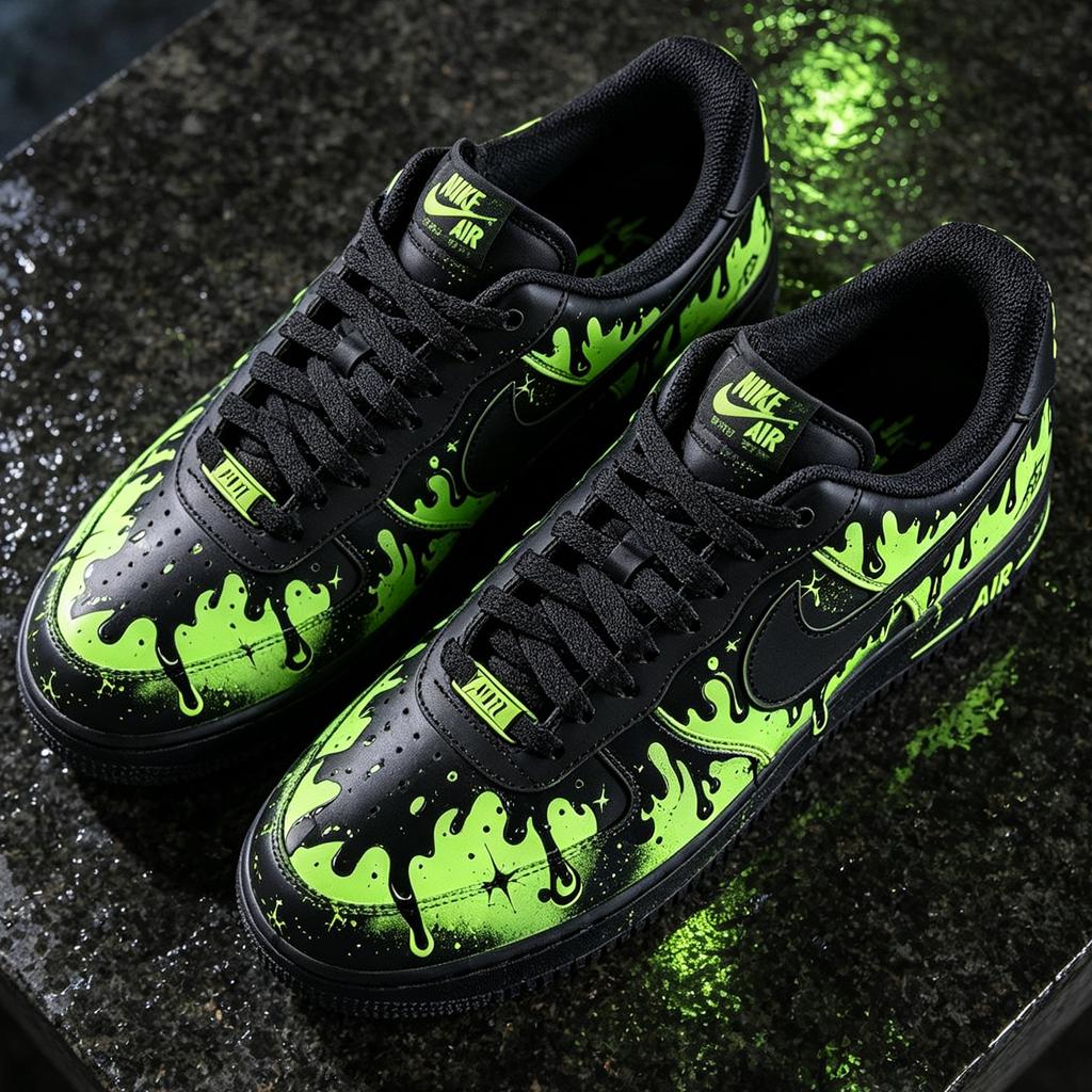 Custom Air Force 1 Sneakers,Hand Painted Neon Green&Black Graffiti Shoes,Drip Style Streetwear Sneakers,Unique Gift For Him