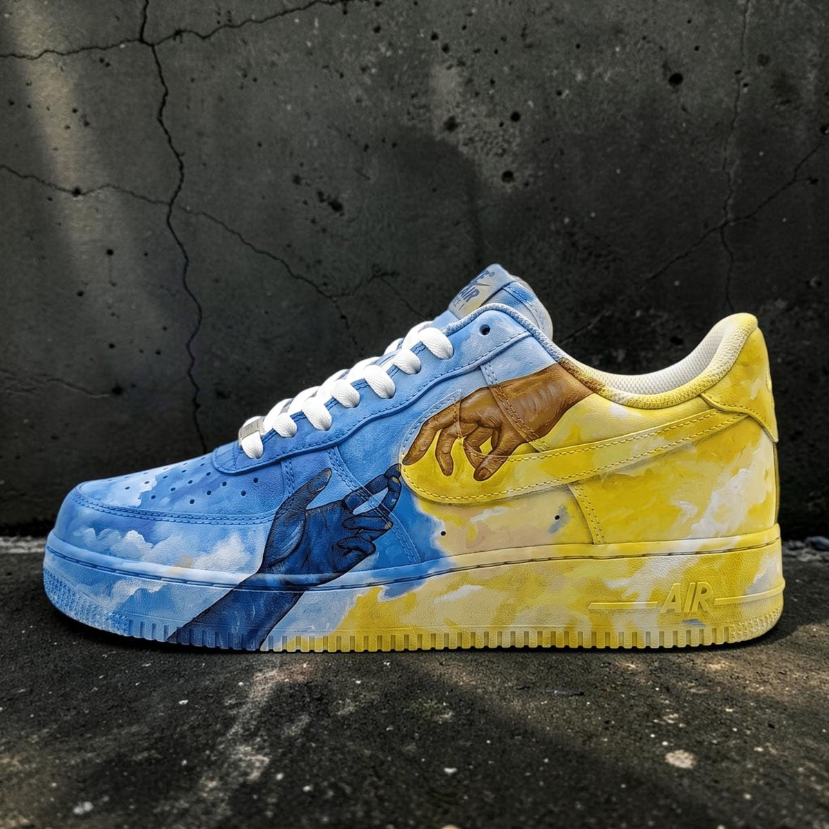 Custom Blue Yellow Hand Sneakers, Hand Painted Cloud Shoes, Unique Artistic Sneakers, Personalized Shoes For Men Women