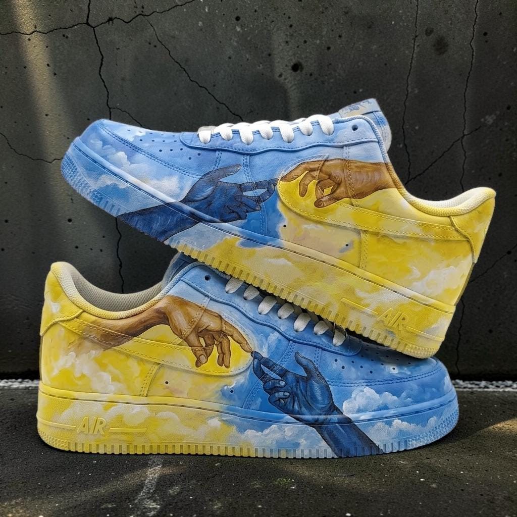 Custom Blue Yellow Hand Sneakers, Hand Painted Cloud Shoes, Unique Artistic Sneakers, Personalized Shoes For Men Women