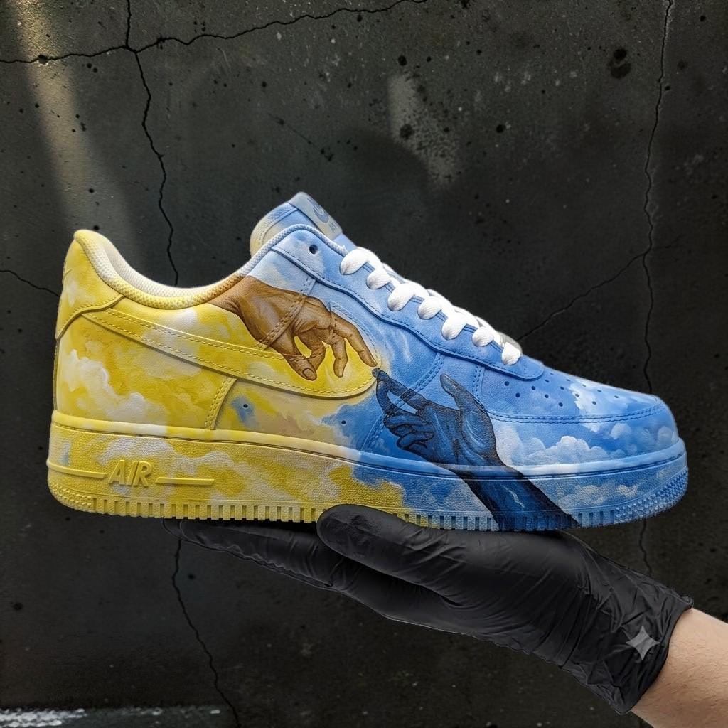 Custom Blue Yellow Hand Sneakers, Hand Painted Cloud Shoes, Unique Artistic Sneakers, Personalized Shoes For Men Women