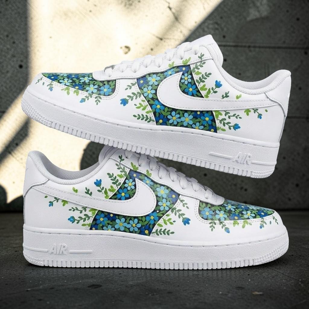 Blue Floral Custom Shoes, Botanical Garden Sneakers, Handmade Flower Pattern Sneakers, Nature Inspired Footwear, Personalized Gift