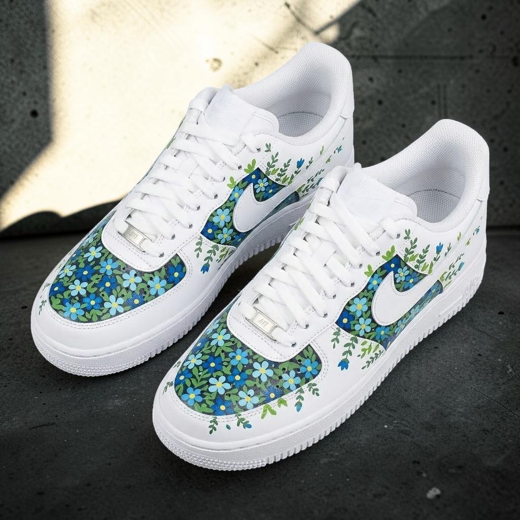 Blue Floral Custom Shoes, Botanical Garden Sneakers, Handmade Flower Pattern Sneakers, Nature Inspired Footwear, Personalized Gift