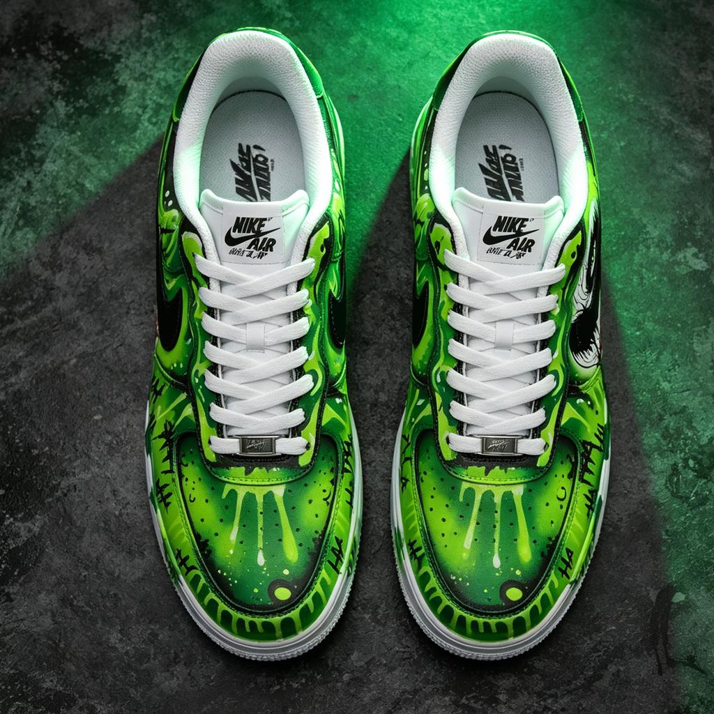 Custom Green Air Force 1,Joker Theme Hand Painted Streetwear Kicks, Green Graffiti Art Urban Footwear For Him Her