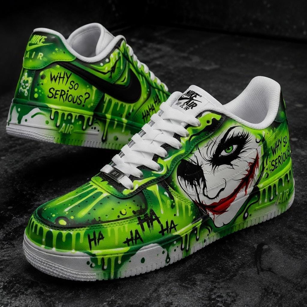 Custom Green Air Force 1,Joker Theme Hand Painted Streetwear Kicks, Green Graffiti Art Urban Footwear For Him Her