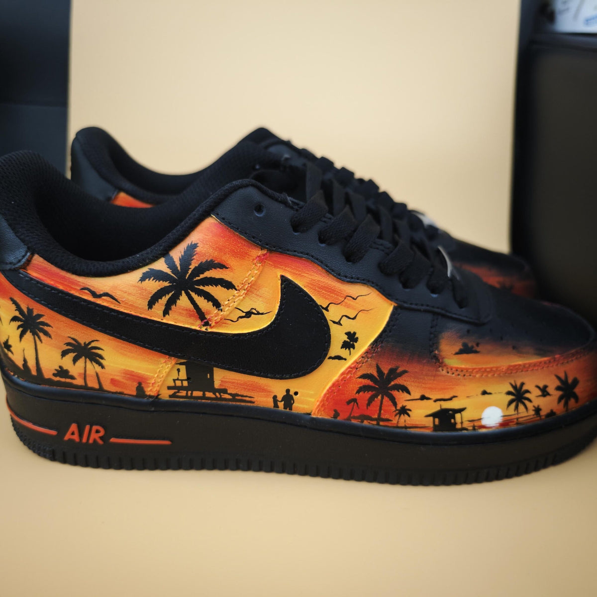 Custom Air Force 1 Sunset Beach Sneakers, Hand Painted Tropical Palm Tree Shoes, Yellow&Black Romantic Style Shoes for Him