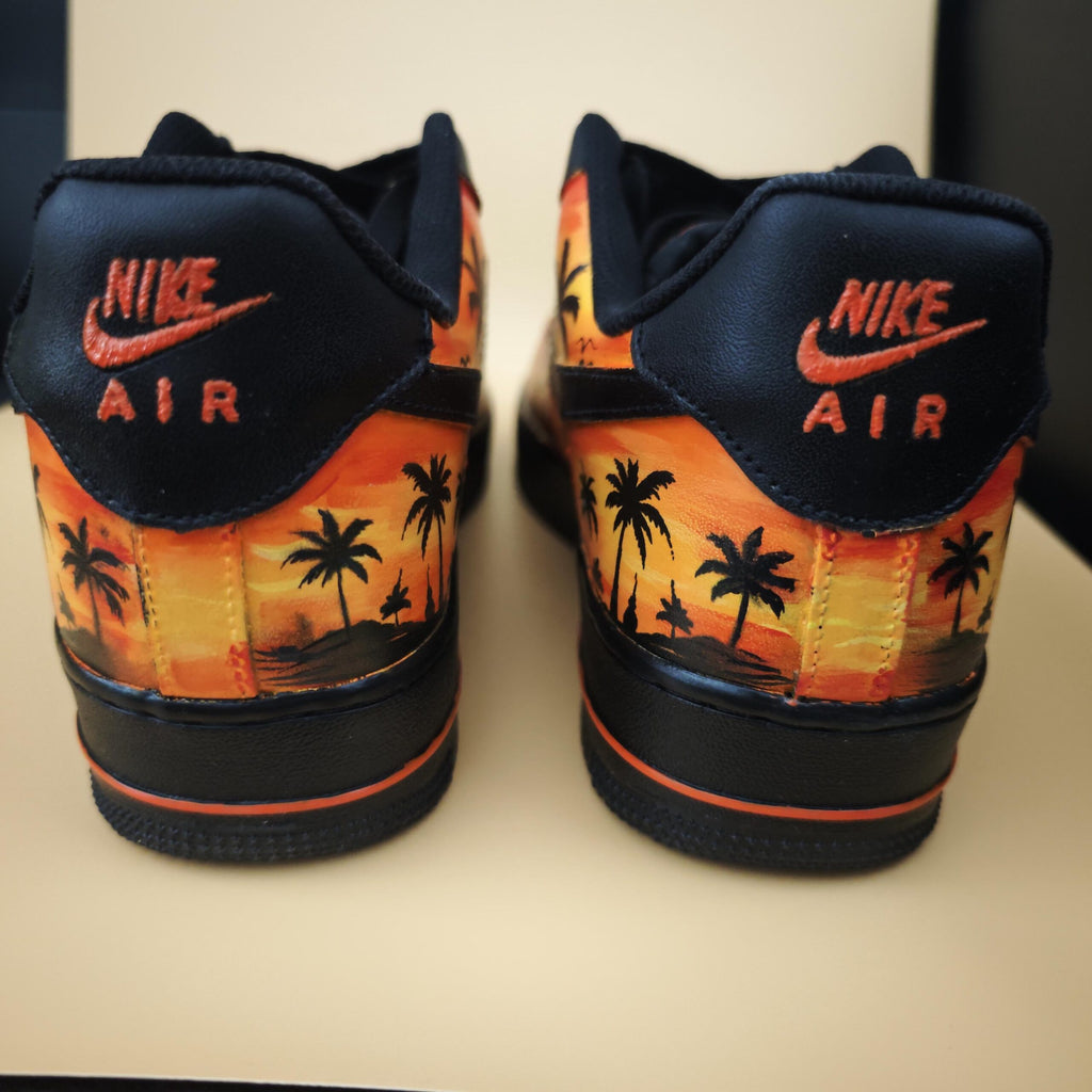 Custom Air Force 1 Sunset Beach Sneakers, Hand Painted Tropical Palm Tree Shoes, Yellow&Black Romantic Style Shoes for Him