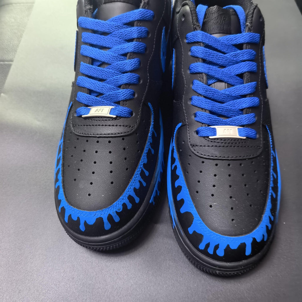 Black&Blue Drip Shoes,Splash Drip Shoes Streetwear,Stacked Liquid Drip AF1 with Rope Laces