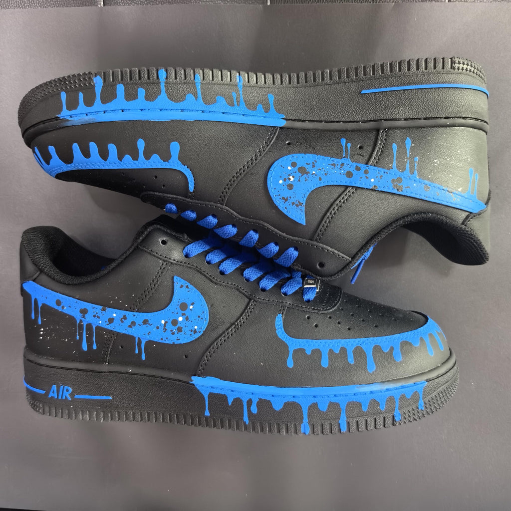 Black&Blue Drip Shoes,Splash Drip Shoes Streetwear,Stacked Liquid Drip AF1 with Rope Laces