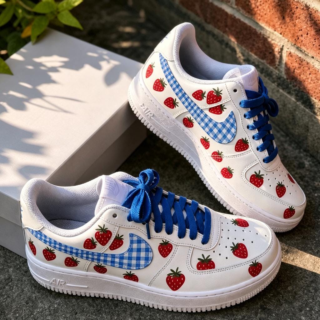 Custom Air Force 1 , Red Strawberry Blue Plaid Sneaker, Hand Painted Sweet Casual Shoe, Graduation Gift For Her