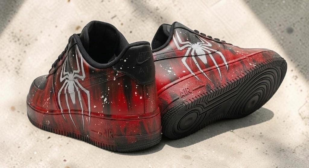 Custom Black Red Spider Sneakers, Hand Painted Comic Shoes, Red Drip Streetwear