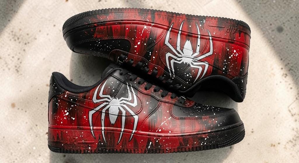 Custom Black Red Spider Sneakers, Hand Painted Comic Shoes, Red Drip Streetwear