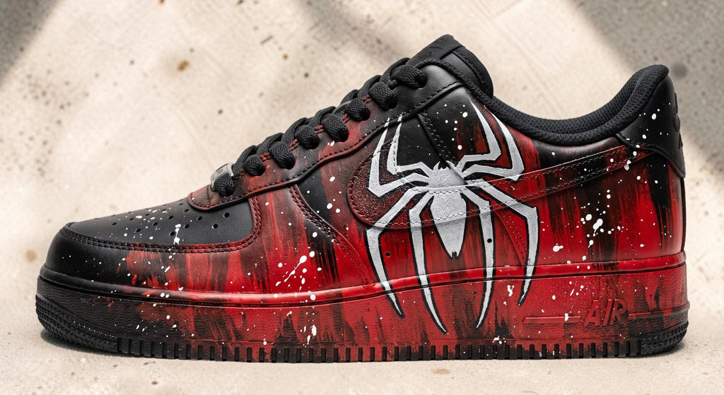 Custom Black Red Spider Sneakers, Hand Painted Comic Shoes, Red Drip Streetwear