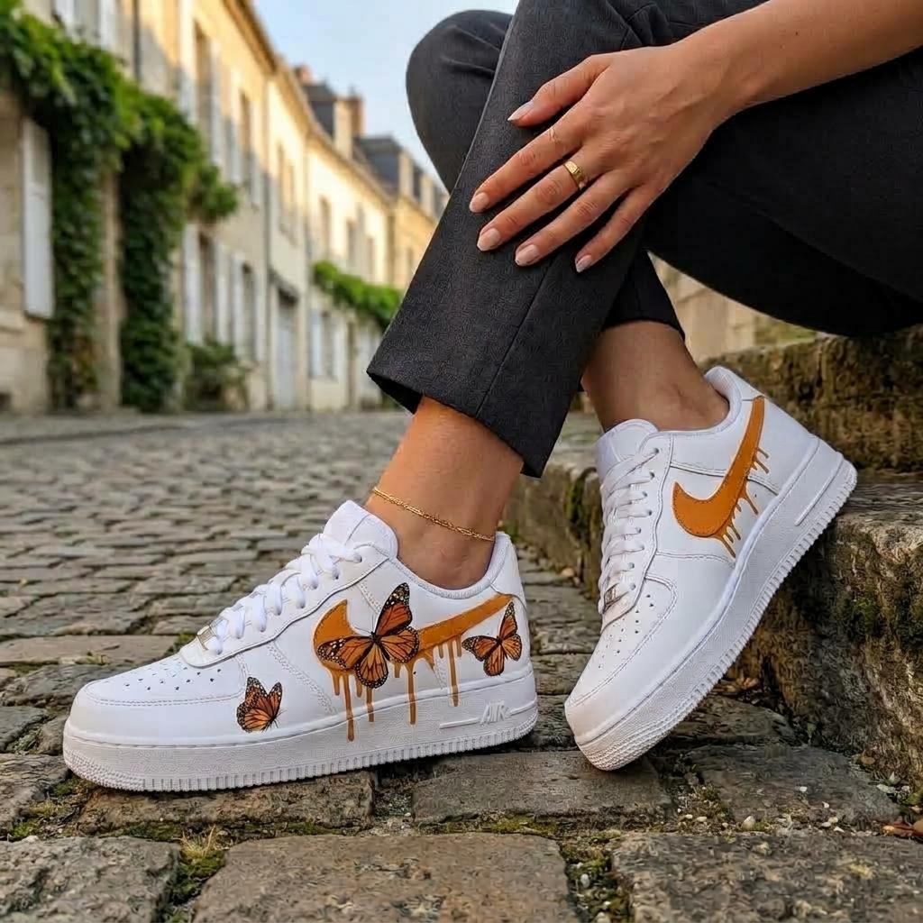 Butterfly Custom Sneakers, Hand Painted Shoes, Monarch Orange Drip, Artistic Footwear