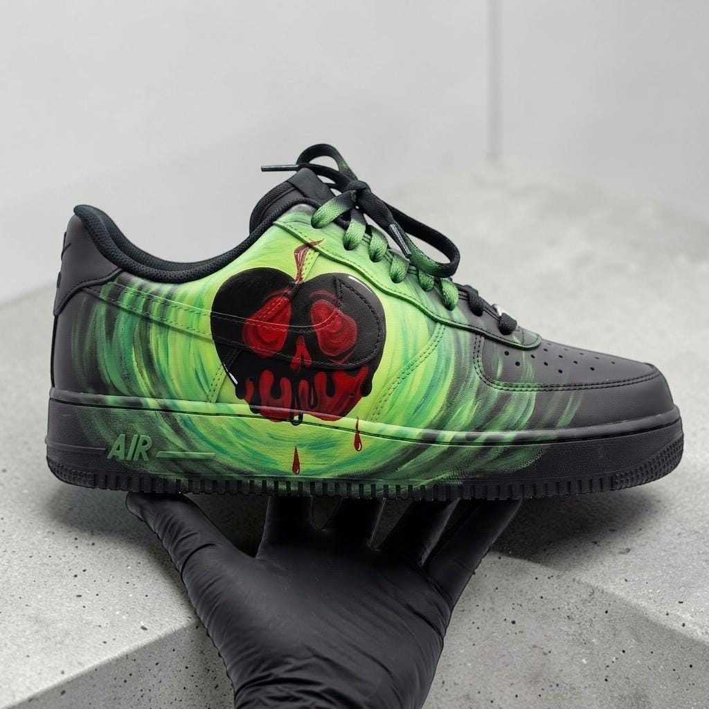 Custom Green Skull Sneakers, Hand Painted Black Shoes, Cherry Skull Artwork, Edgy Streetwear Shoes, Unique Personalized Gift