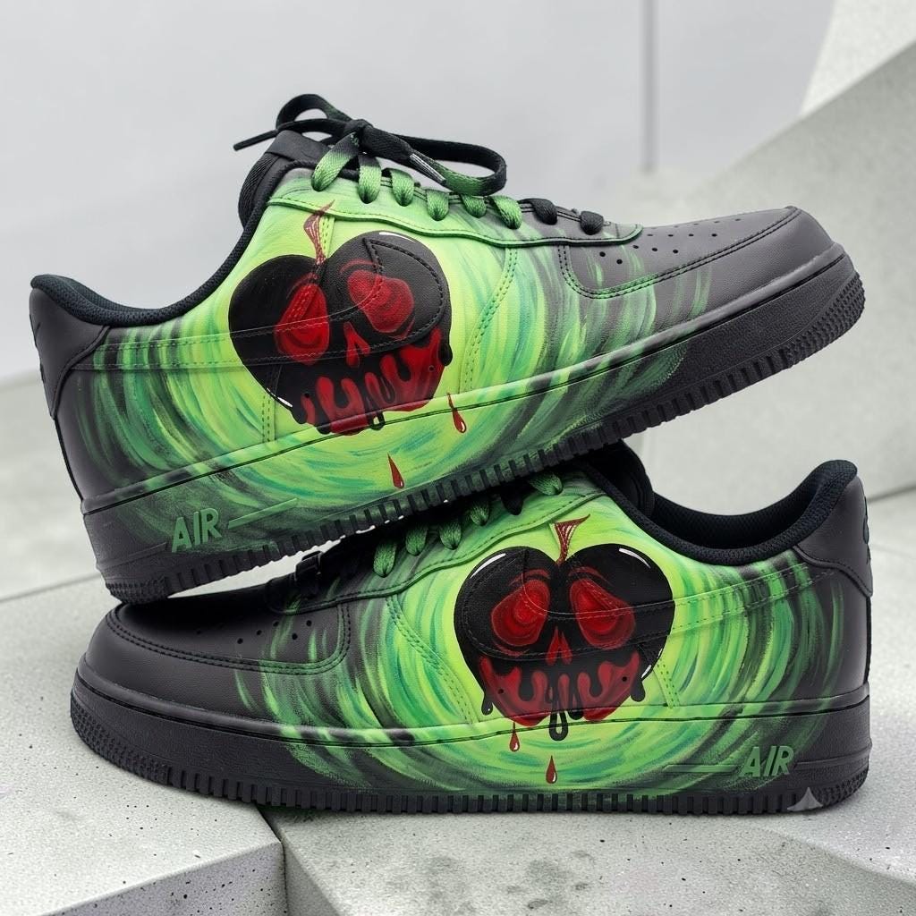 Custom Green Skull Sneakers, Hand Painted Black Shoes, Cherry Skull Artwork, Edgy Streetwear Shoes, Unique Personalized Gift
