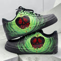 Custom Green Skull Sneakers, Hand Painted Black Shoes, Cherry Skull Artwork, Edgy Streetwear Shoes, Unique Personalized Gift