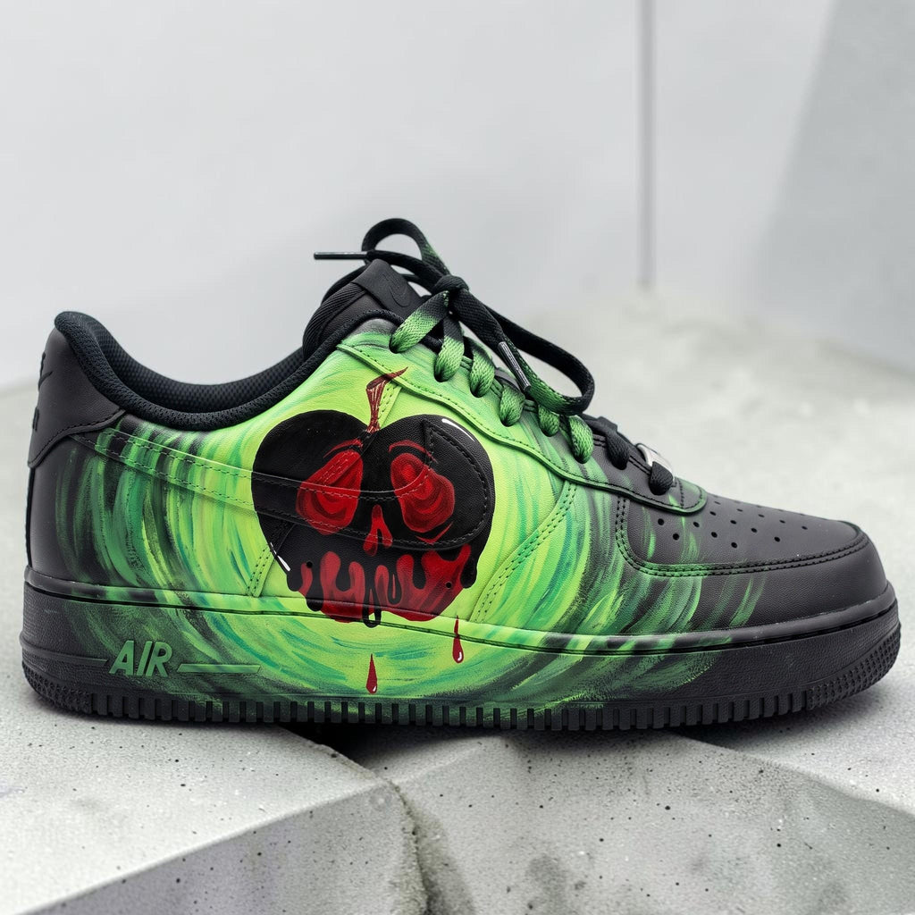 Custom Green Skull Sneakers, Hand Painted Black Shoes, Cherry Skull Artwork, Edgy Streetwear Shoes, Unique Personalized Gift