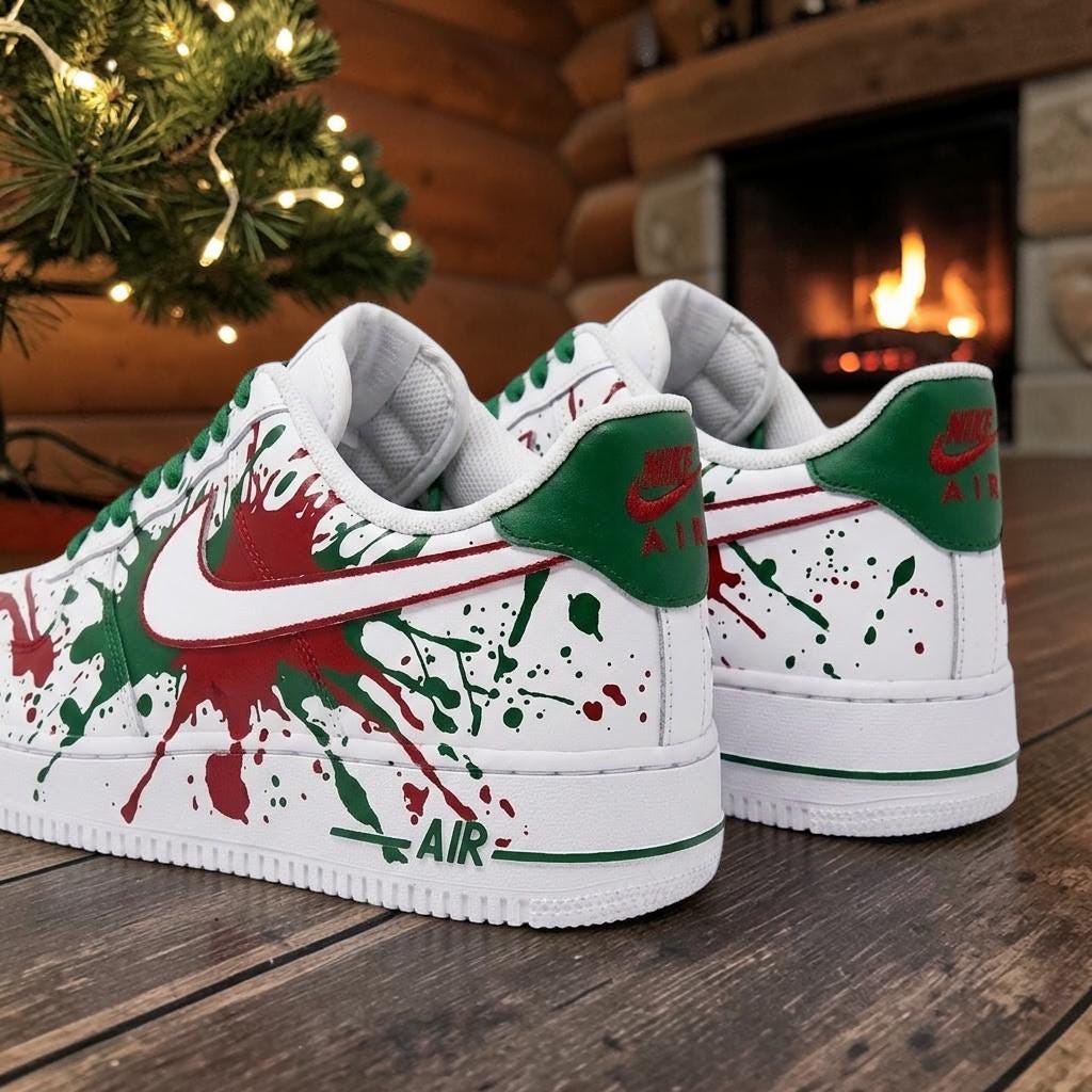 Christmas Custom Sneakers, Red Green Hand Painted Shoes, Holiday Drip Art, Personalized Christmas Shoes, Festive Streetwear Gift