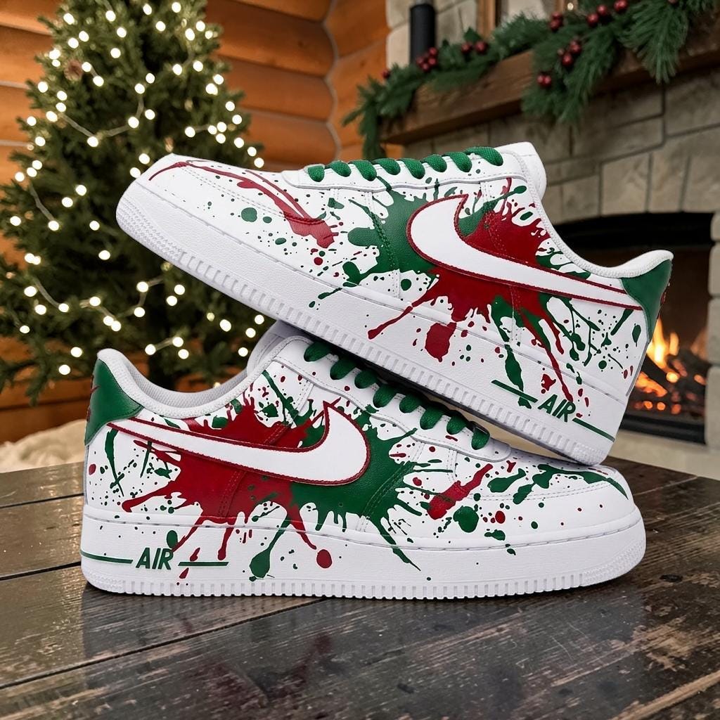 Christmas Custom Sneakers, Red Green Hand Painted Shoes, Holiday Drip Art, Personalized Christmas Shoes, Festive Streetwear Gift