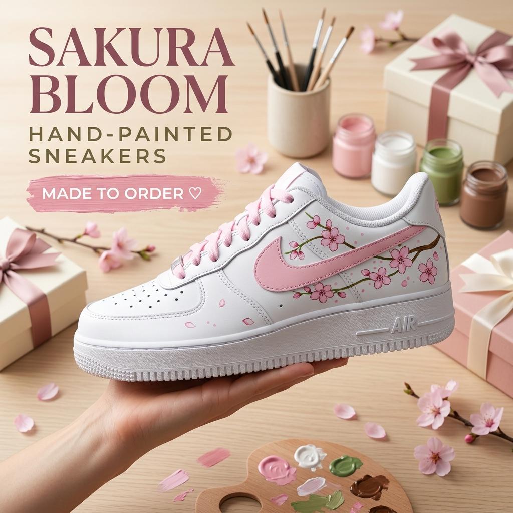 Cherry Blossom Custom Sneakers, Hand Painted Shoes, Pink Floral Design, Sakura Gift for Her