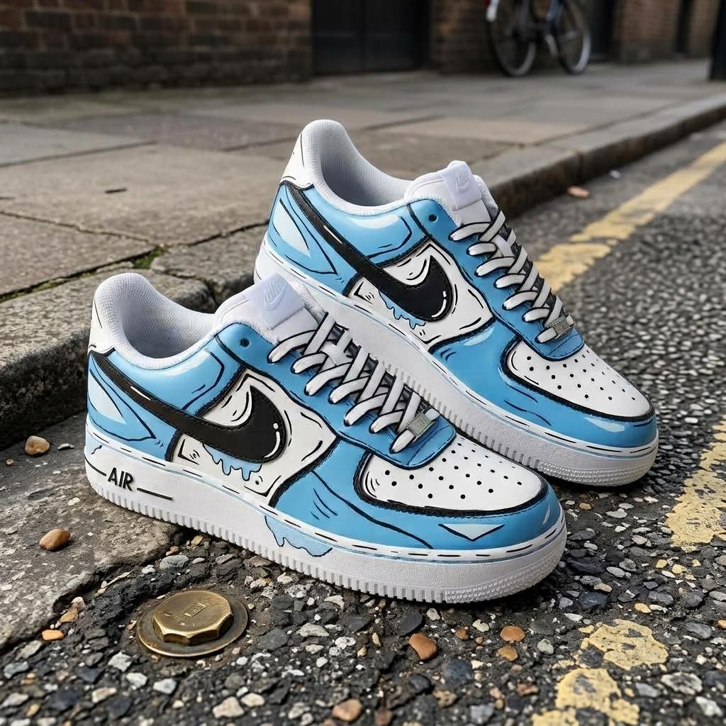 Blue Custom Sneakers, Hand Painted Shoes, Black Outline Design, Comic Style Streetwear Gift
