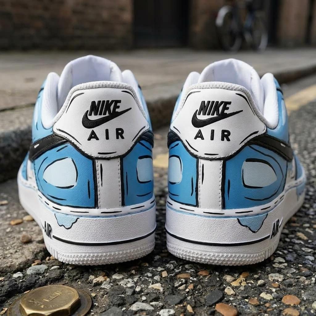Blue Custom Sneakers, Hand Painted Shoes, Black Outline Design, Comic Style Streetwear Gift