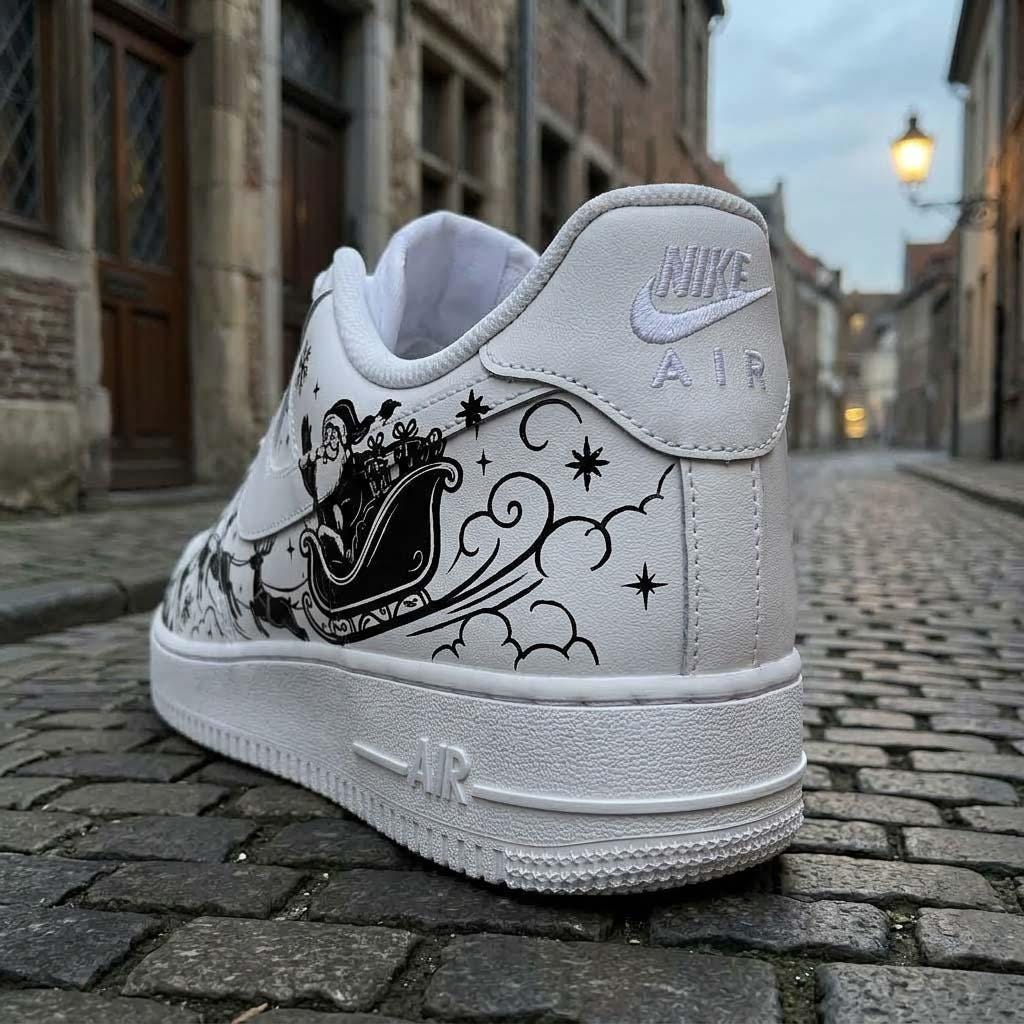 Christmas Custom AF1, Hand Painted Santa Shoes, Festive Black White Sneakers