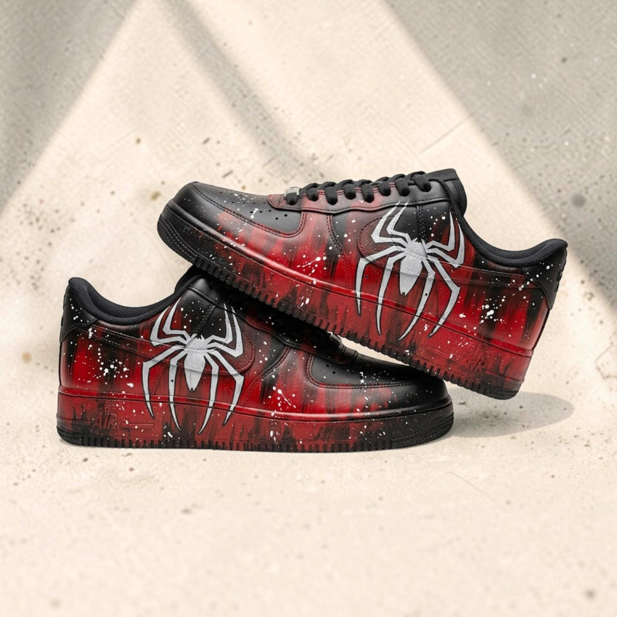 Custom Black Red Spider Sneakers, Hand Painted Comic Shoes, Red Drip Streetwear