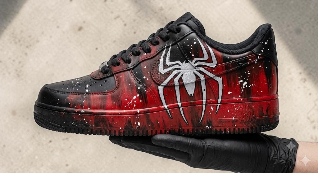 Custom Black Red Spider Sneakers, Hand Painted Comic Shoes, Red Drip Streetwear