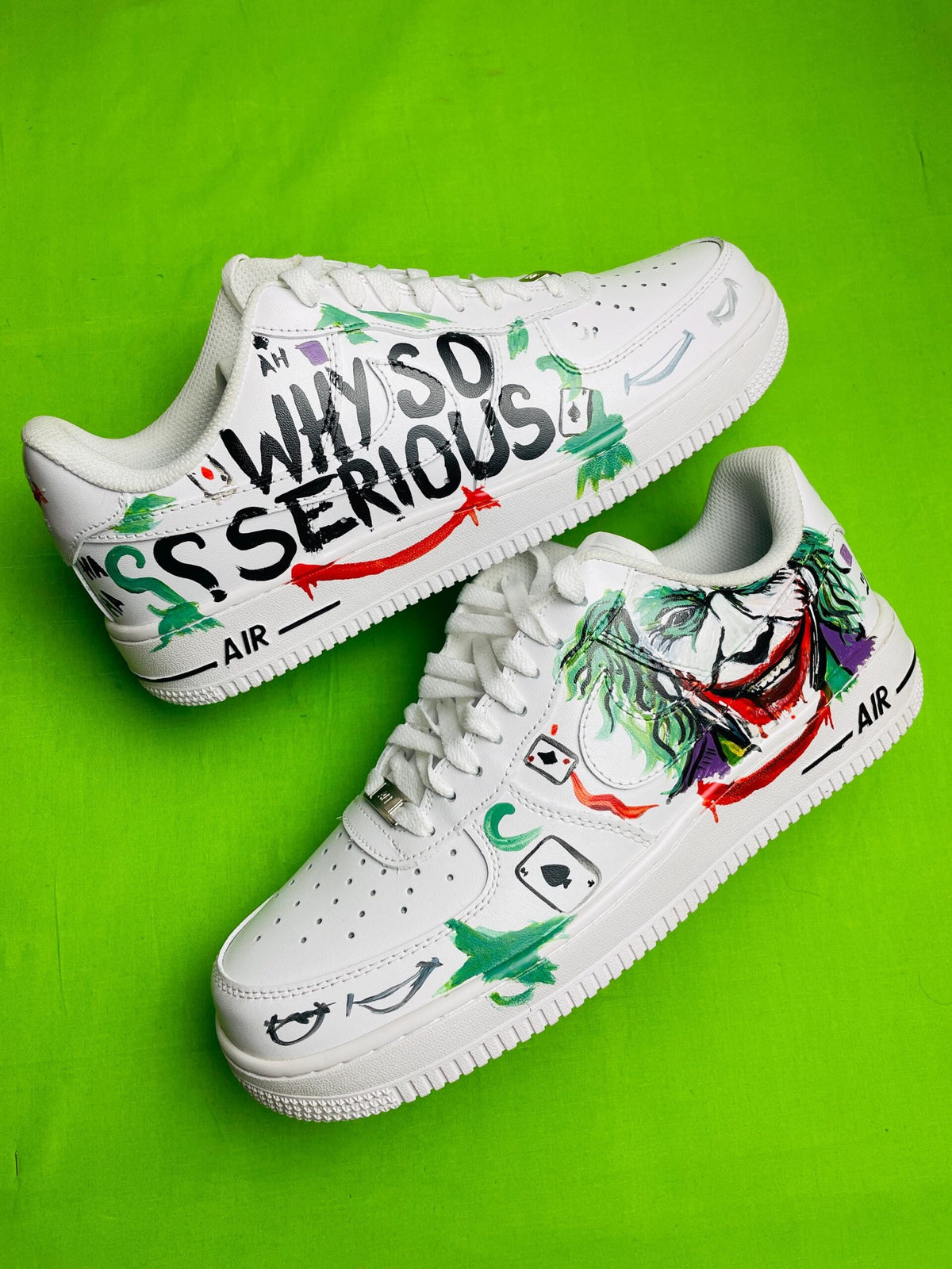 Custom Hand Painted AF1 Sneakers, Joker Why So Serious Villain Shoes, Green Comic Book Art Sneakers, Personalized Comic Gift for Men Women