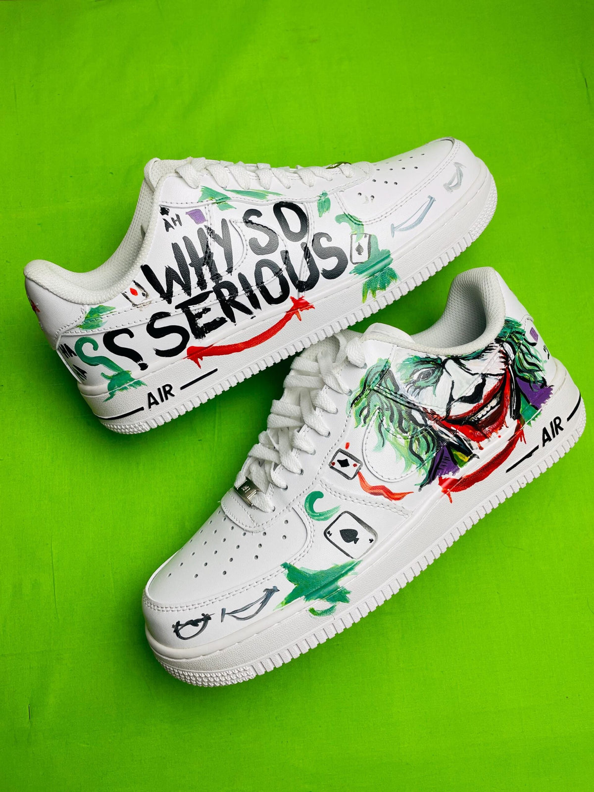 Custom Hand Painted AF1 Sneakers, Joker Why So Serious Villain Shoes, Green Comic Book Art Sneakers, Personalized Comic Gift for Men Women