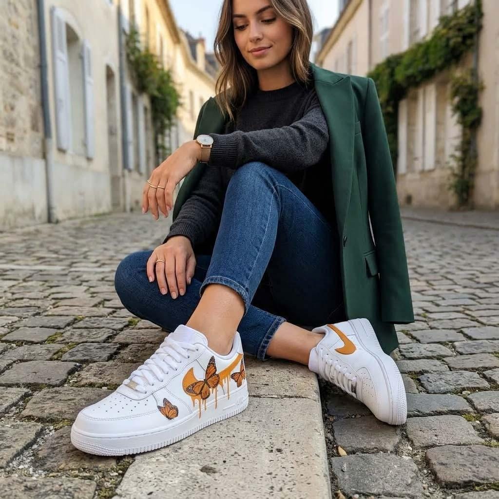 Butterfly Custom Sneakers, Hand Painted Shoes, Monarch Orange Drip, Artistic Footwear