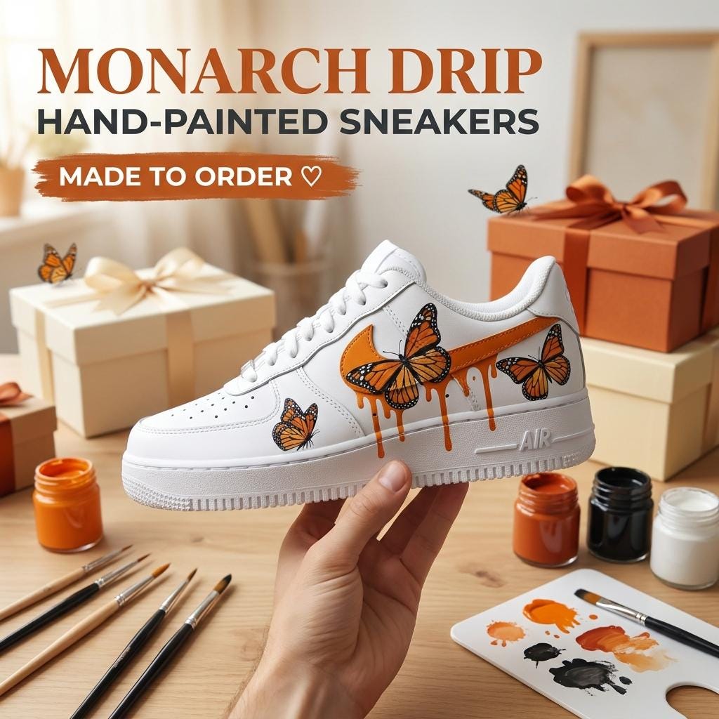 Butterfly Custom Sneakers, Hand Painted Shoes, Monarch Orange Drip, Artistic Footwear
