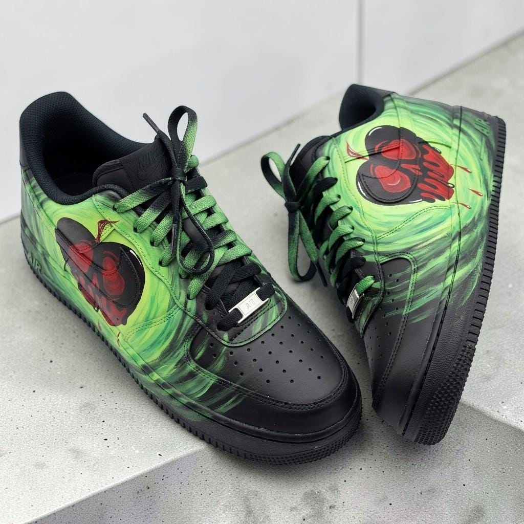 Custom Green Skull Sneakers, Hand Painted Black Shoes, Cherry Skull Artwork, Edgy Streetwear Shoes, Unique Personalized Gift