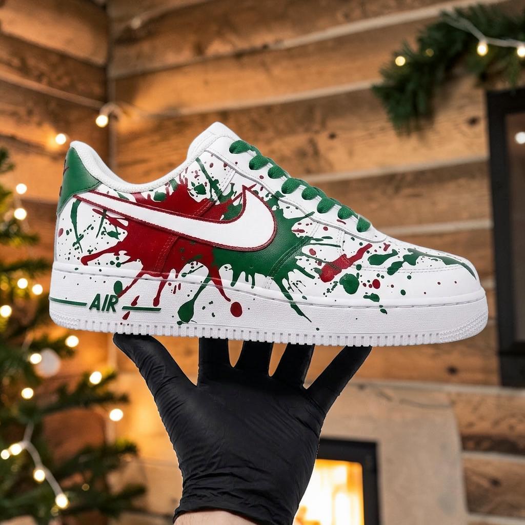 Christmas Custom Sneakers, Red Green Hand Painted Shoes, Holiday Drip Art, Personalized Christmas Shoes, Festive Streetwear Gift