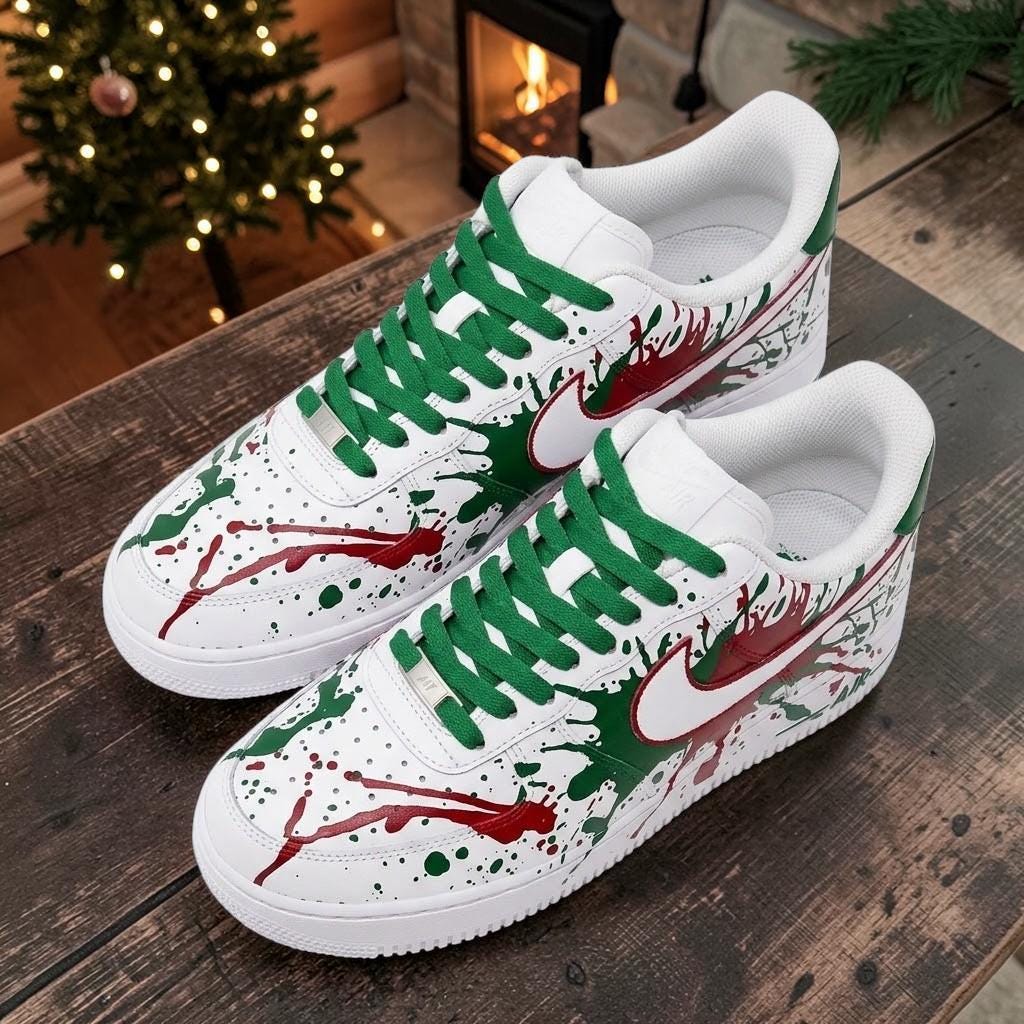 Christmas Custom Sneakers, Red Green Hand Painted Shoes, Holiday Drip Art, Personalized Christmas Shoes, Festive Streetwear Gift