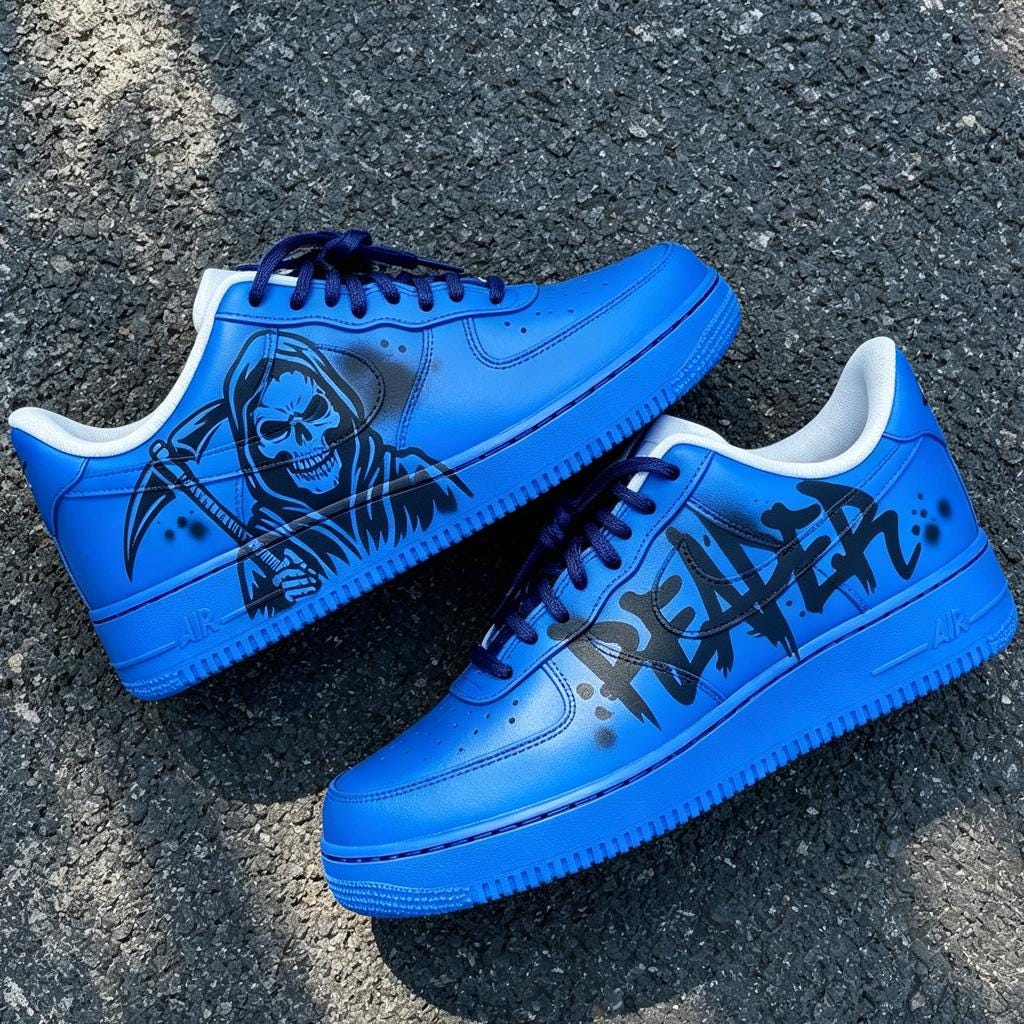 Custom Air Force 1 Sneakers, Blue Reaper AF1, Hand Painted Shoes, Gift for Him Her, Streetwear Fashion, Birthday Christmas Gradient Gift