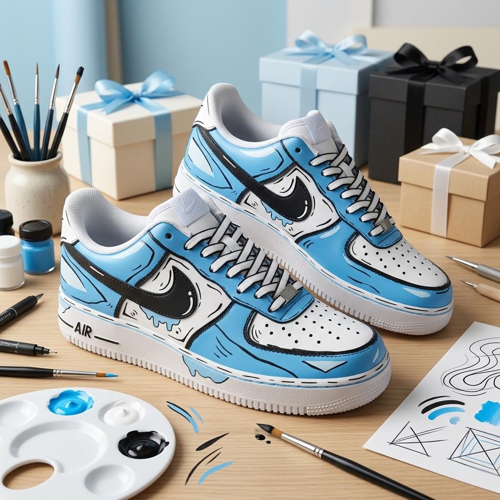Blue Custom Sneakers, Hand Painted Shoes, Black Outline Design, Comic Style Streetwear Gift