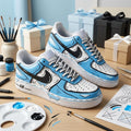 Blue Custom Sneakers, Hand Painted Shoes, Black Outline Design, Comic Style Streetwear Gift