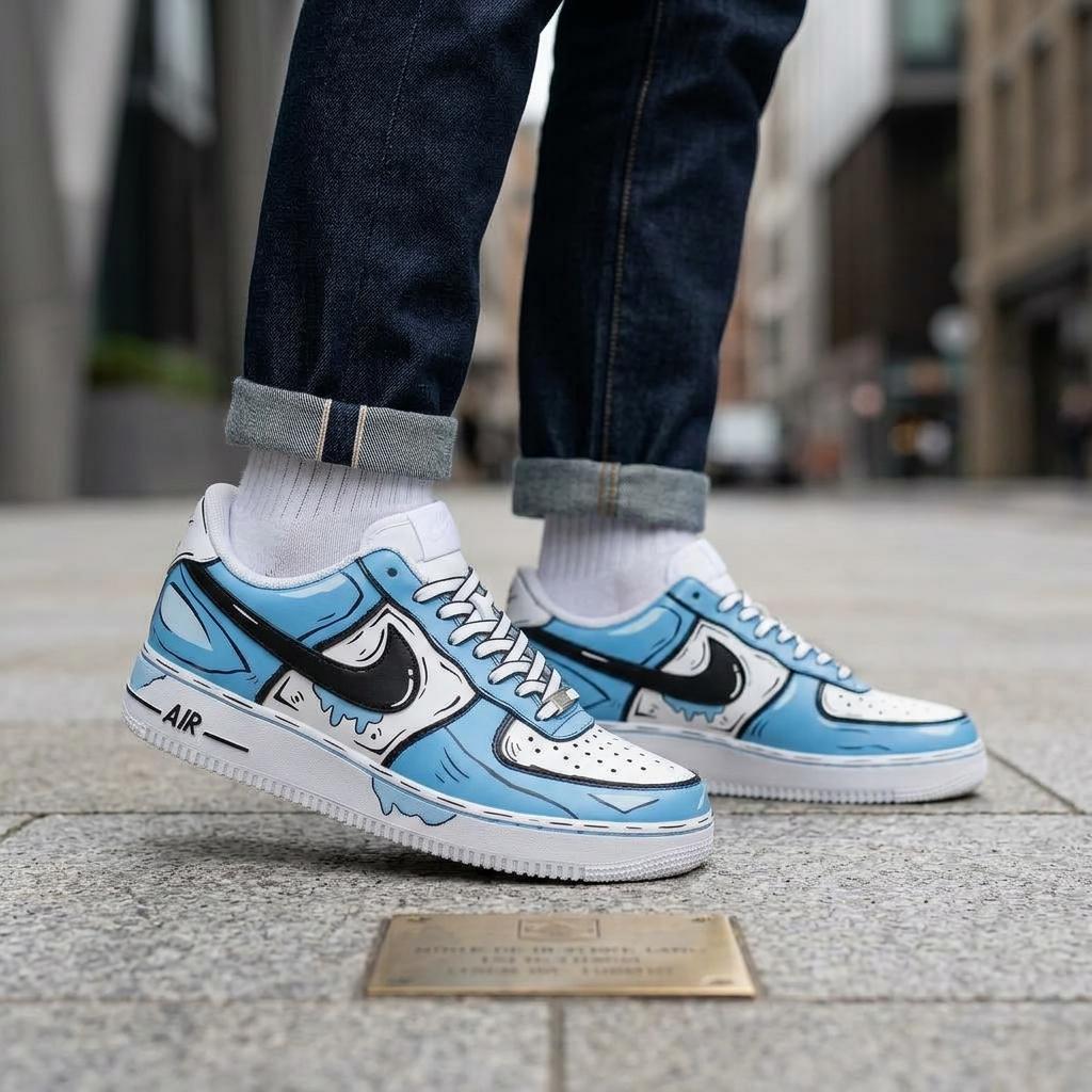 Blue Custom Sneakers, Hand Painted Shoes, Black Outline Design, Comic Style Streetwear Gift